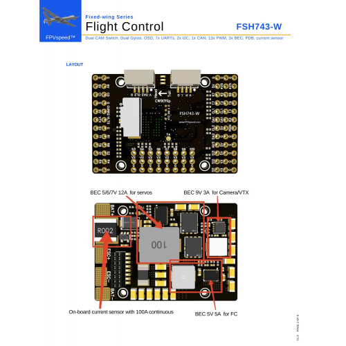 FPV полётный контроллер FPVspeed FSH743-W STM32H743 480 МГц с 7 UART, OSD и 3 BEC для БПЛА с фиксированным крылом
